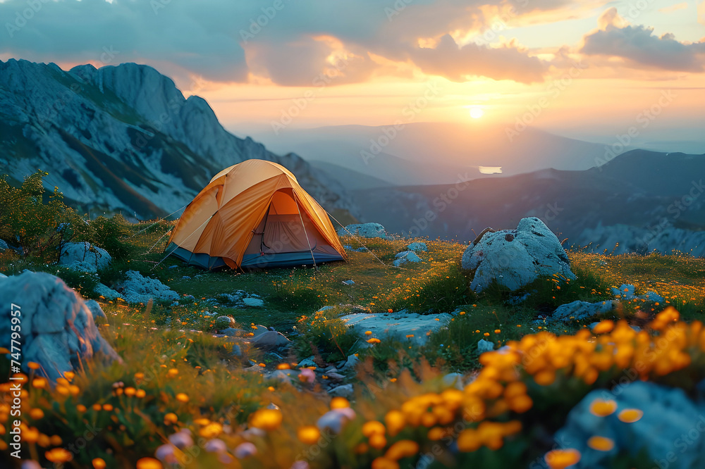 A camping tent at dusk high in the mountains Bright, extremely precise, incredibly lifelike, with a keen focus and vibrant hues