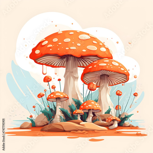 A design piece of art, with a mushroom standing on sand, rain, a flat illustration, a colorful victor, and an antique drawing.