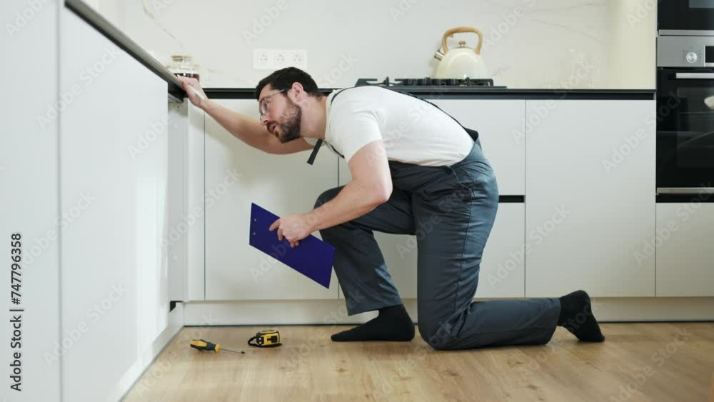 Serious repairman looking at contents of drainage system in kitchen and writing down info on clipboard holder. Shoeless plumber making progress report about replacement of faulty pipes and details. Serious repairman looking at contents of drainage system in kitchen and writing down info on clipboard holder. Shoeless plumber making progress report about replacement of faulty pipes and details.