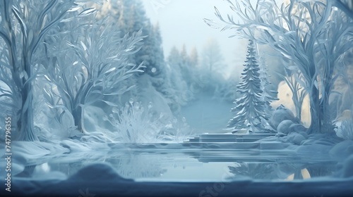 A picturesque,  winter landscape is transformed into a dreamscape by intricate ice sculptures, each an artistic masterpiece