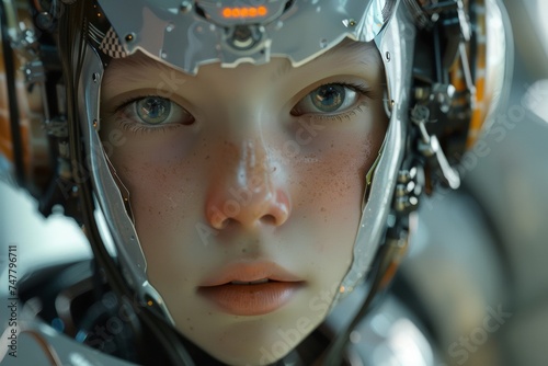 face of child humanoid android Artificial Intelligence mechanical robot be creative Have an understanding of orders It has the most advanced operating system Robot innovations of the future boy girl