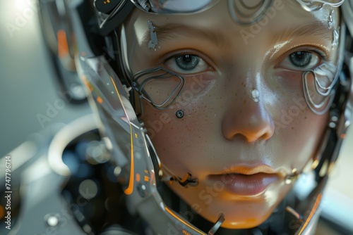 face of child humanoid android Artificial Intelligence mechanical robot be creative Have an understanding of orders It has the most advanced operating system Robot innovations of the future boy girl