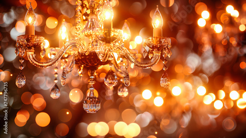 Luxurious Crystal Chandelier Close-Up, Decorative Light in Elegant Interior, Sparkling Diamonds and Bokeh Effect