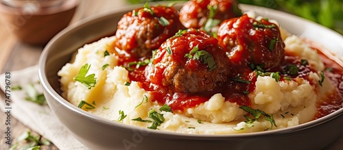 The bowl is filled with juicy meatballs and creamy mashed potatoes, creating a delicious and hearty meal. The meatballs are cooked to perfection and the mashed potatoes are smooth and flavorful photo