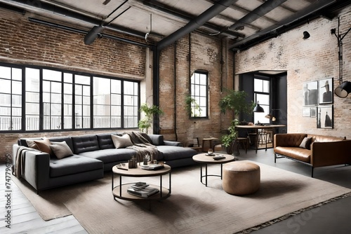 an urban chic space with a mix of industrial and contemporary sofas, bringing together the best of city aesthetics for a fashionable living room. © Muhammad