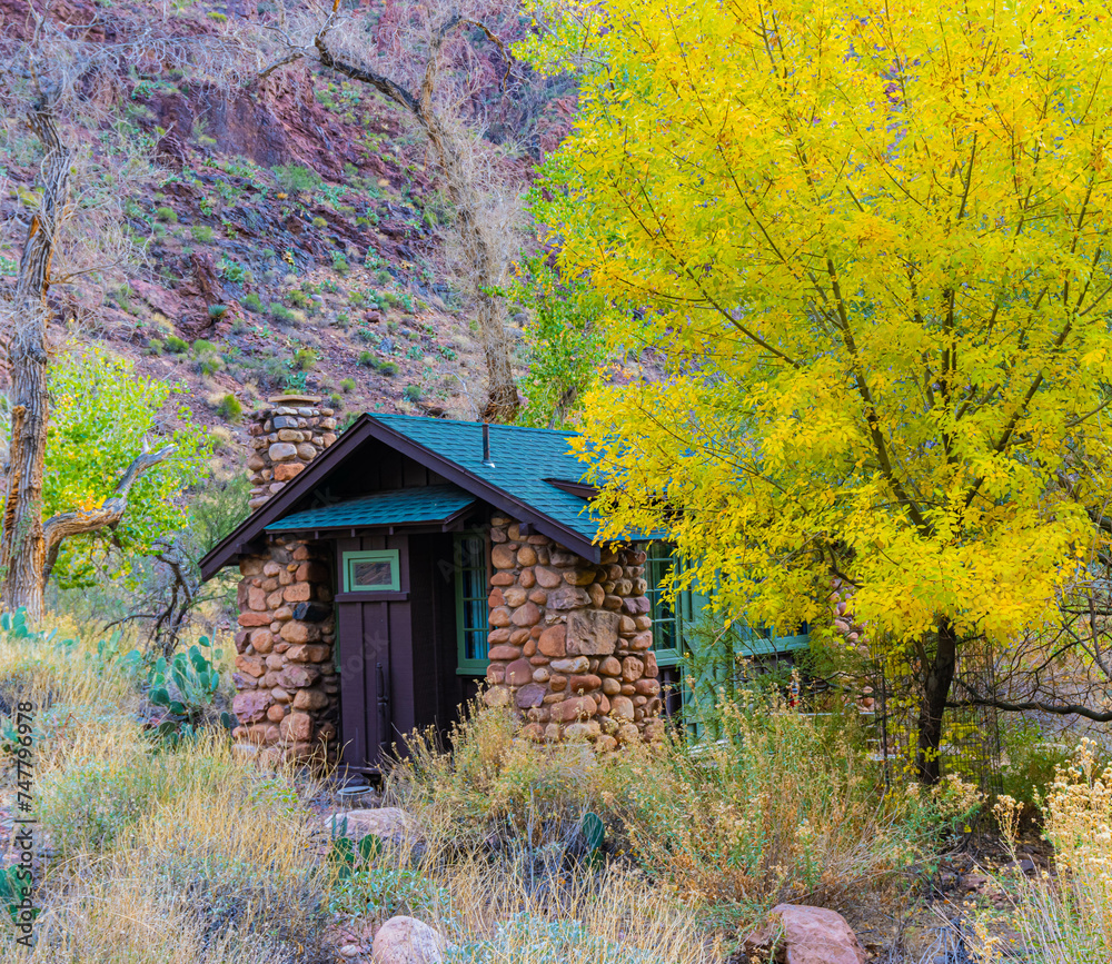 Rustic Cabin With Fall Color at Phantom Ranch, Grand Canyon National Park, Arizona, USA Rustic Cabin With Fall Color at Phantom Ranch, Grand Canyon National Park, Arizona, USA