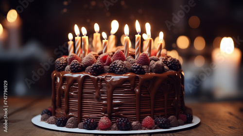 Chocolate birthday cake with candles