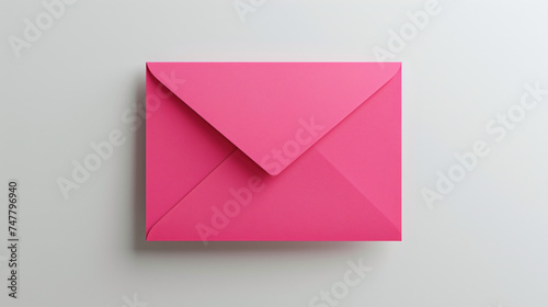 Overhead photo of bright pink envelope isolated on the grey background © daniel