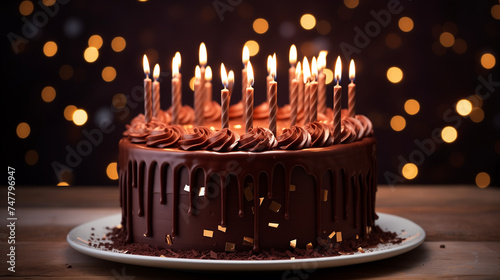 Chocolate birthday cake with candles