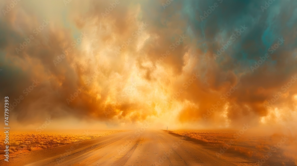 Surreal sunset road leading to infinity under fiery clouds. dramatic landscape, concept art. digital illustration. AI