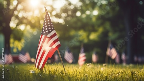 Landscape scene illustrating the USA flag as part of a vibrant Fourth of July celebration.