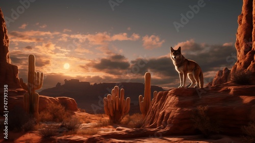 Wild Wolf , Cayote on Stone podium on the background of Arizona Desert Cactus Landscapes for Product placement. Generative AI