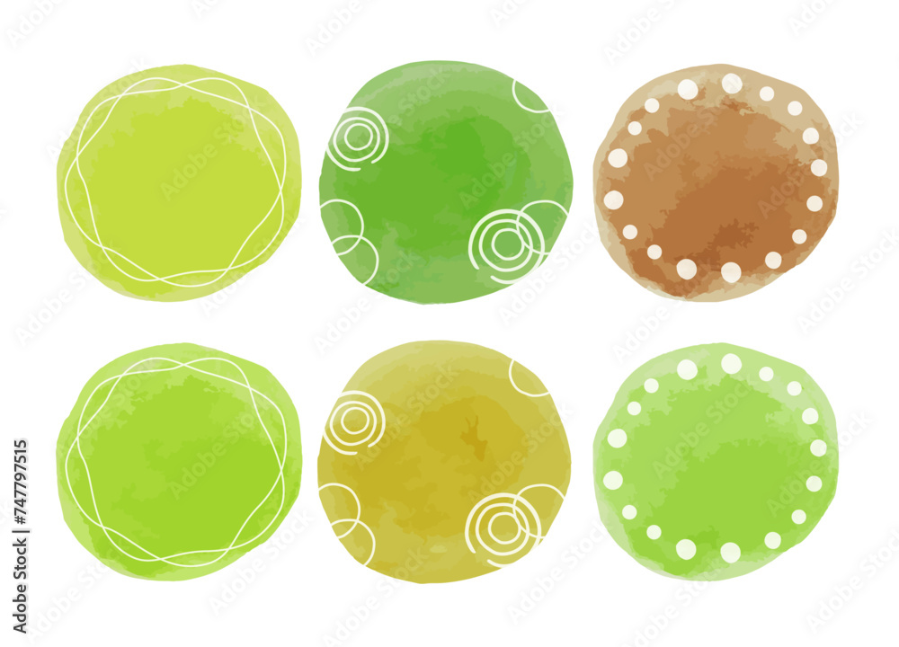 水のイメージ 水彩絵の具で描いた緑や茶色の丸いフレームセット