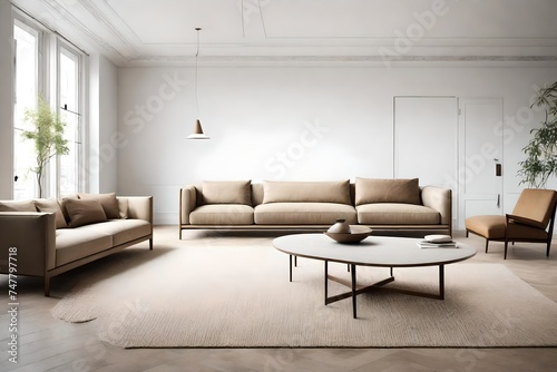 a minimalist interior showcasing sofas in neutral and earthy shades, exemplifying simplicity and elegance to achieve a serene and modern living space. © Muhammad