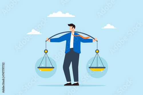 Businessman leader lifts balanced ethical scale. Concept of social responsibility, integrity to earn trust, balance and justice in leadership, principles and business ethics to do right things