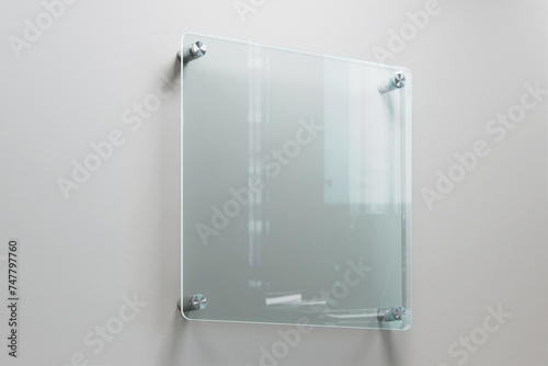 blank rounded square clear acrylic glass methacrylate nameplate realistic brand logo signage mockup wall mounted 3d rendering illustration photo