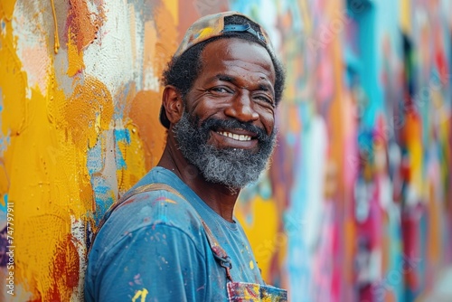 Joyful male artist with a paint-splattered beard against a vibrant mural backdrop.