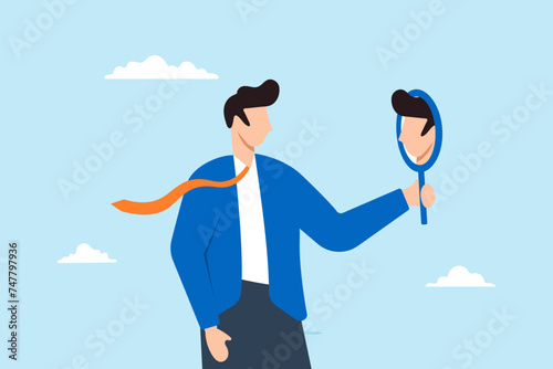 Businessman holding up mirror to develop self awareness. Concept of being aware of different aspects of oneself including behaviors and feelings, fostering introspection and personal growth.