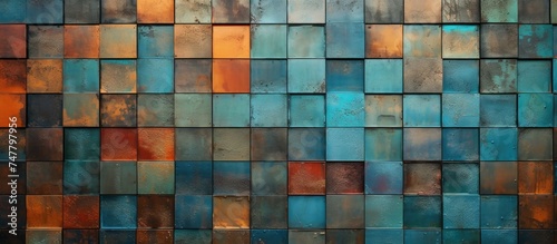 The image shows a detailed blue and brown wall covered in many squares, creating a geometric pattern. The wall is the focal point, with the squares giving a sense of texture and depth.
