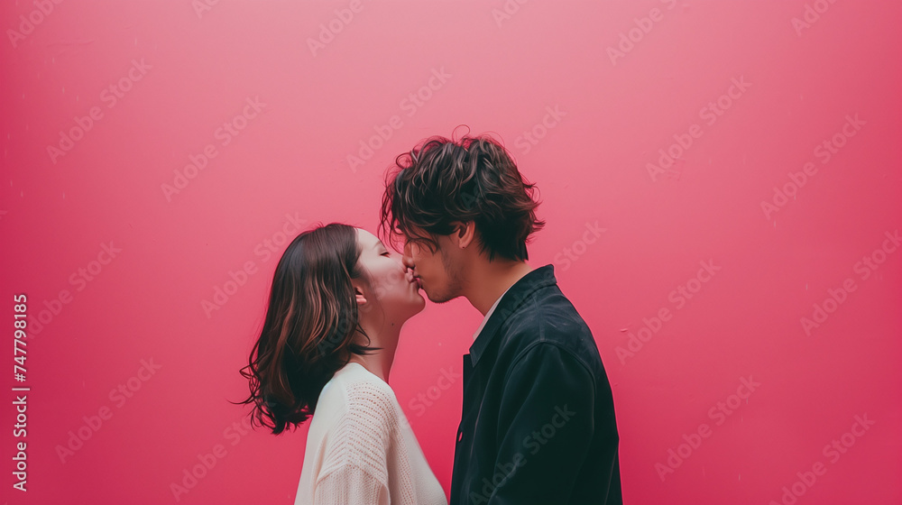 Photo of an Asian couple kissing in a photo studio, bright pink background adds a romantic touch, Ai Generated Images Photo of an Asian couple kissing in a photo studio, bright pink background adds a romantic touch, Ai Generated Images