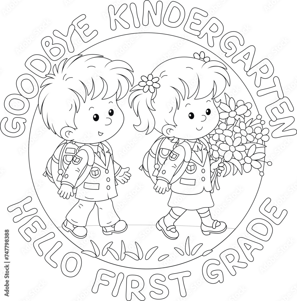 Greeting card with happy little schoolchildren with flowers going from their kindergarten to primary school for start of classes, black and white outline vector illustration for a coloring book Greeting card with happy little schoolchildren with flowers going from their kindergarten to primary school for start of classes, black and white outline vector illustration for a coloring book