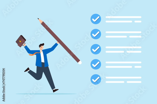 Happy businessman jumps high after finishing tasks, showing success and productivity in completing work. Concept of achieving goals, effective project management, and positive survey results