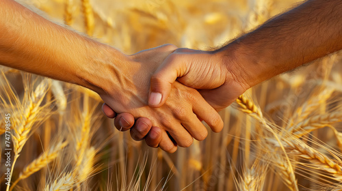Handshake against a golden wheat field.
