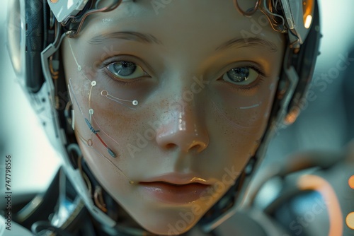 face of child humanoid android Artificial Intelligence mechanical robot be creative Have an understanding of orders It has the most advanced operating system Robot innovations of the future boy girl © Sittipol 