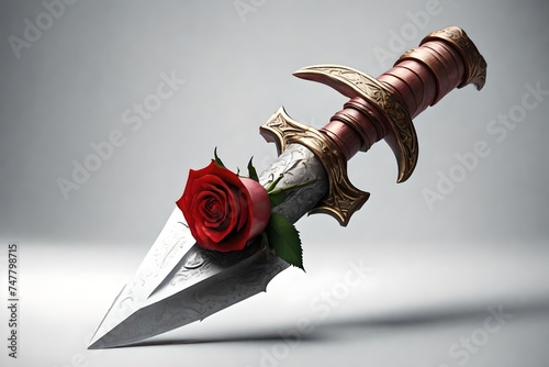 image of an isolated gothic. fantasy daggar knife with a rose wrapped around it against a solid crsip white background