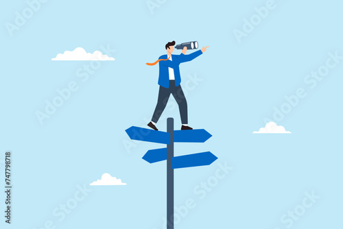 Businessman looks through binoculars to discover solution, illustrating search for right direction, business opportunities, or path to success. Concept of making decisions and envisioning the future