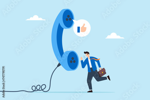 Salesman talks to client on phone and seals deal with thumbs up symbol, illustrating expertise in telephone sales to generate leads. Concept of successful telemarketing, promoting products or services