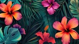 Monstera and palm green leaves and vivid flowers. Generative AI