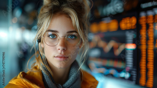 A young beautiful woman looking at the monitor with stock market data. Trading and financial concept. © aekkorn