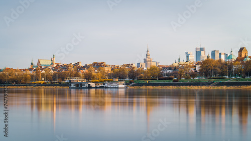 Warsaw  Poland - panorama of a city skyline at sunset. Cityscape view of Warsaw with Old Town and skyscrapers in downtown. Capital of Poland