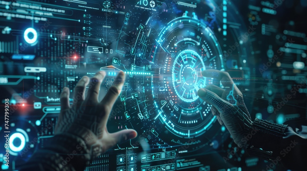 Professional navigating digital transformation journey on a futuristic interface Professional navigating digital transformation journey on a futuristic interface