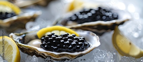 Freshly opened oysters served on a bed of ice, topped with black sturgeon caviar and garnished with lemon slices for a luxurious dining experience.