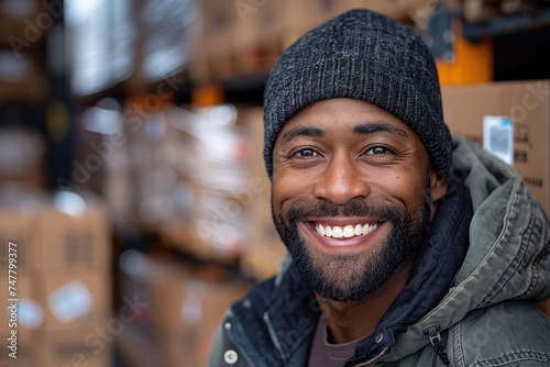 Smiling african american delivery man in a camouflage cap inside a truck full of packages, delivering goods that keep businesses and consumers connected