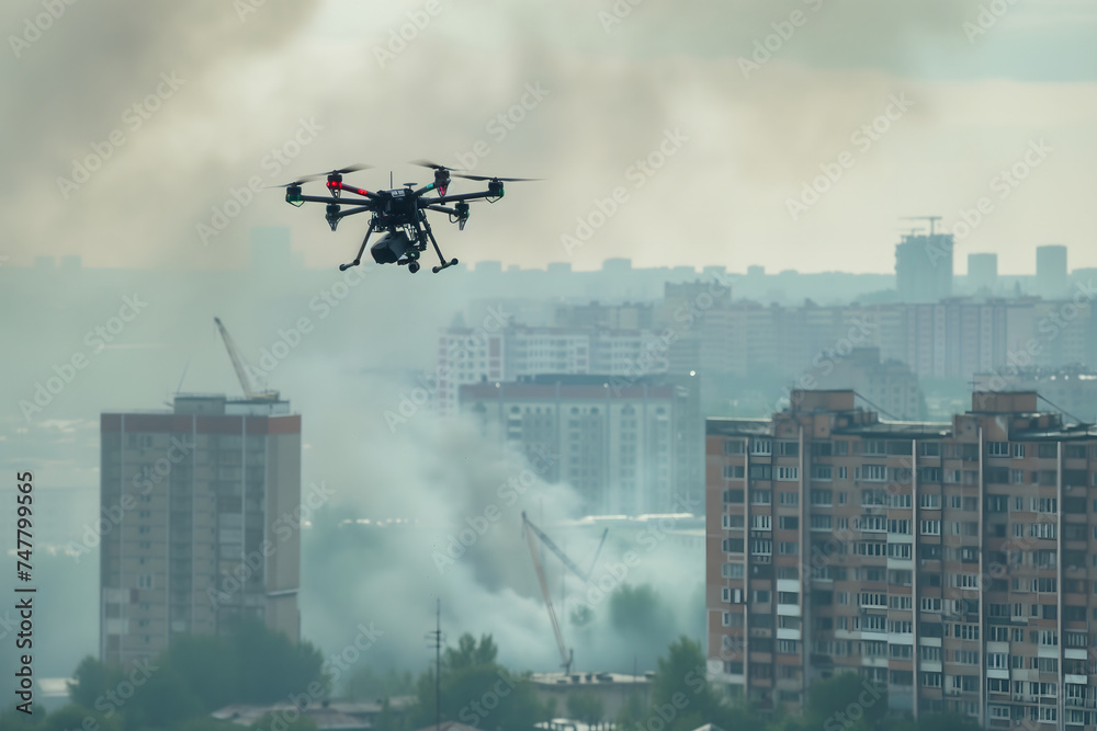Copter drone over russian city with smoke. Neural network generated image. Not based on any actual scene or pattern. Copter drone over russian city with smoke. Neural network generated image. Not based on any actual scene or pattern.