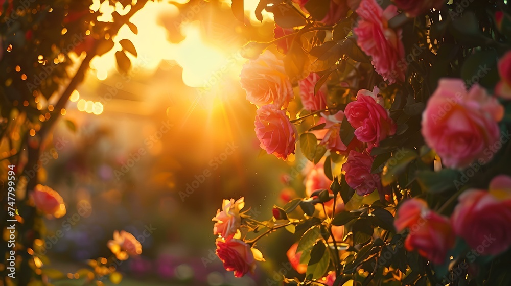 Serenity in bloom as sunset caresses a garden of roses. warm light enveloping nature's beauty. ideal for decor and tranquility themes. AI
