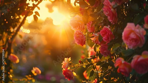 Serenity in bloom as sunset caresses a garden of roses. warm light enveloping nature's beauty. ideal for decor and tranquility themes. AI