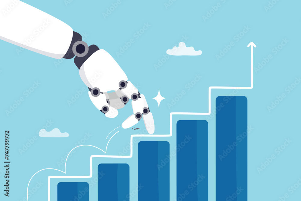 Rise of AI artificial intelligence, innovation technology to develop growth, success or progress, automation or AI for marketing and financial business concept, robot hand walk up growth graph. - obrazy, fototapety, plakaty 