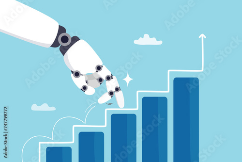 Rise of AI artificial intelligence, innovation technology to develop growth, success or progress, automation or AI for marketing and financial business concept, robot hand walk up growth graph.