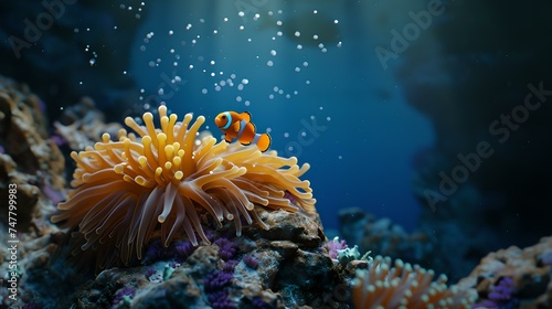 Vibrant underwater scene with clownfish and anemone in a coral reef. marine ecosystem captured beautifully in a serene aquatic setting. AI