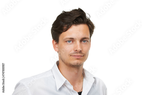 Confidence, man and portrait for fashion, clothes and modelling in casual outfit on white background in edgy apparel, trendy style and smile. Male person, face and chic shirt isolated in studio