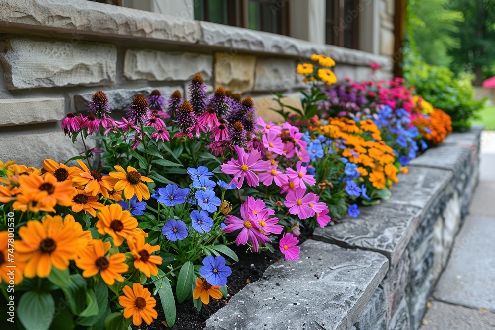 A flower bed with mixed colorful flowers along a brick path by a house.