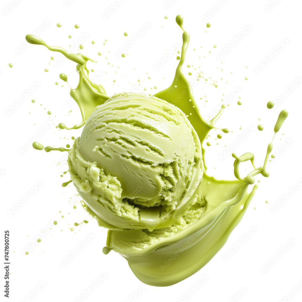 Fototapeta premium Green Ice cream scoop or ball with splash levitating and flying, isolated on white background. Front view