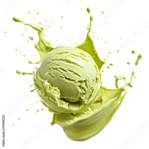 Green Ice cream scoop or ball with splash levitating and flying, isolated on white background. Front view