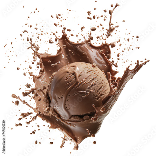 Chocolate Ice cream scoop or ball with splash levitating and flying, isolated on white background. Front view © uv_group