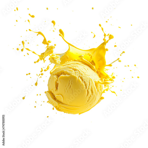 Yellow Ice cream scoop or ball with splash levitating and flying, isolated on white background. Front view