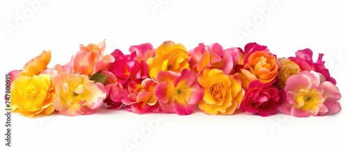 A collection of colorful flowers, including vibrant pink, yellow, and rose blossoms, are grouped together on a clean, white background.